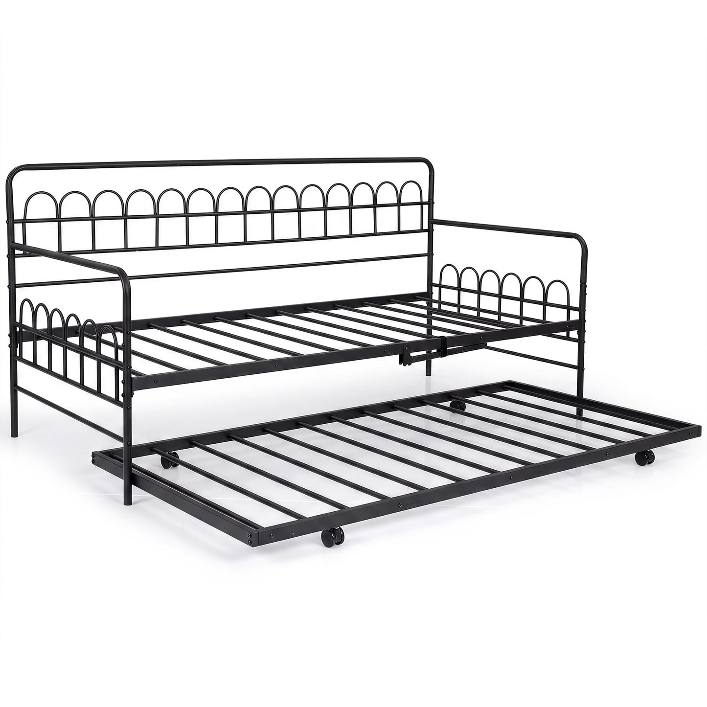 Single Daybed with Trundle and Curved Backrest and Armrests No Box Spring Needed-Black