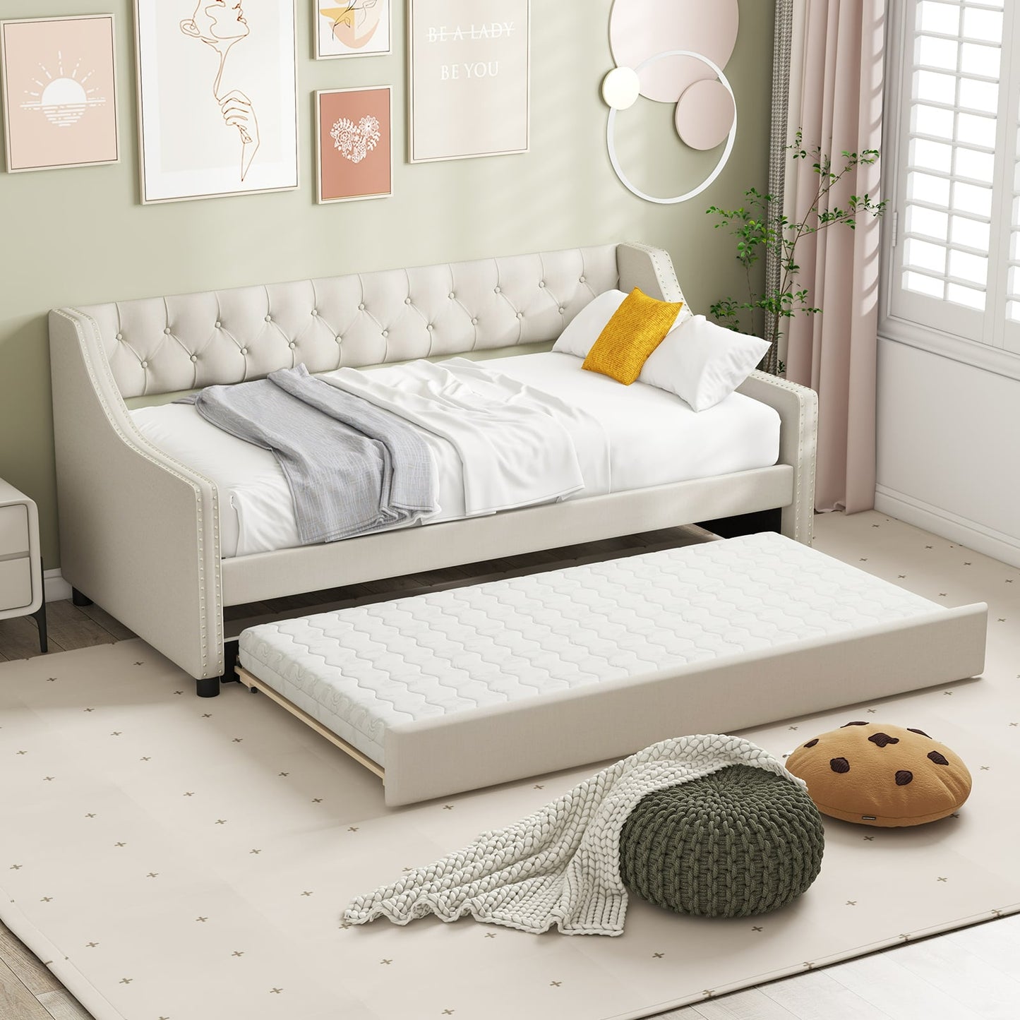Single Size Trundle Bed Linen Upholstered Daybed with Backrest-Beige