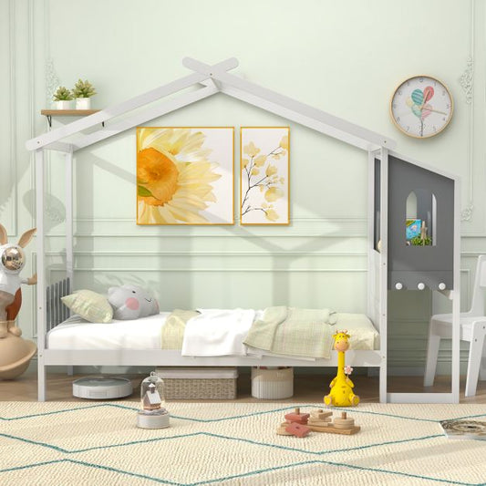 Single/Double House Bed Wood Montessori Bed Frame with Desk-Single Size