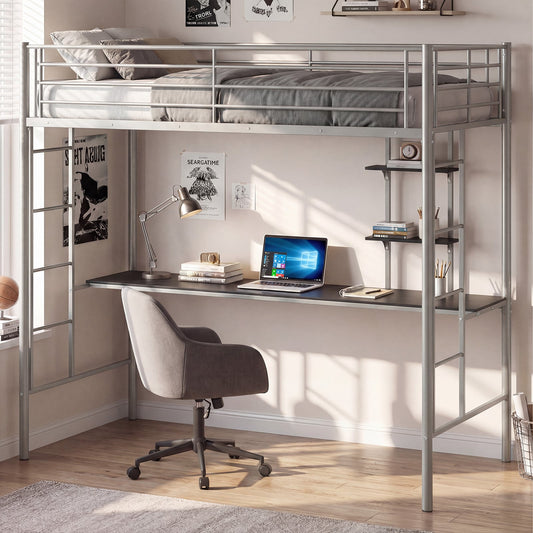 Loft Bed with Desk and Shelves Metal Loft Bed Frame-Silver