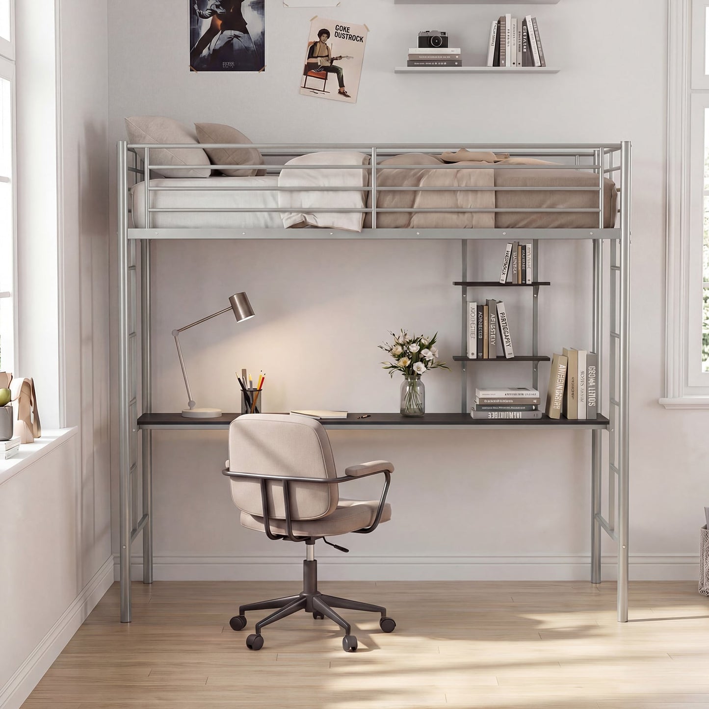 Loft Bed with Desk and Shelves Metal Loft Bed Frame-Silver