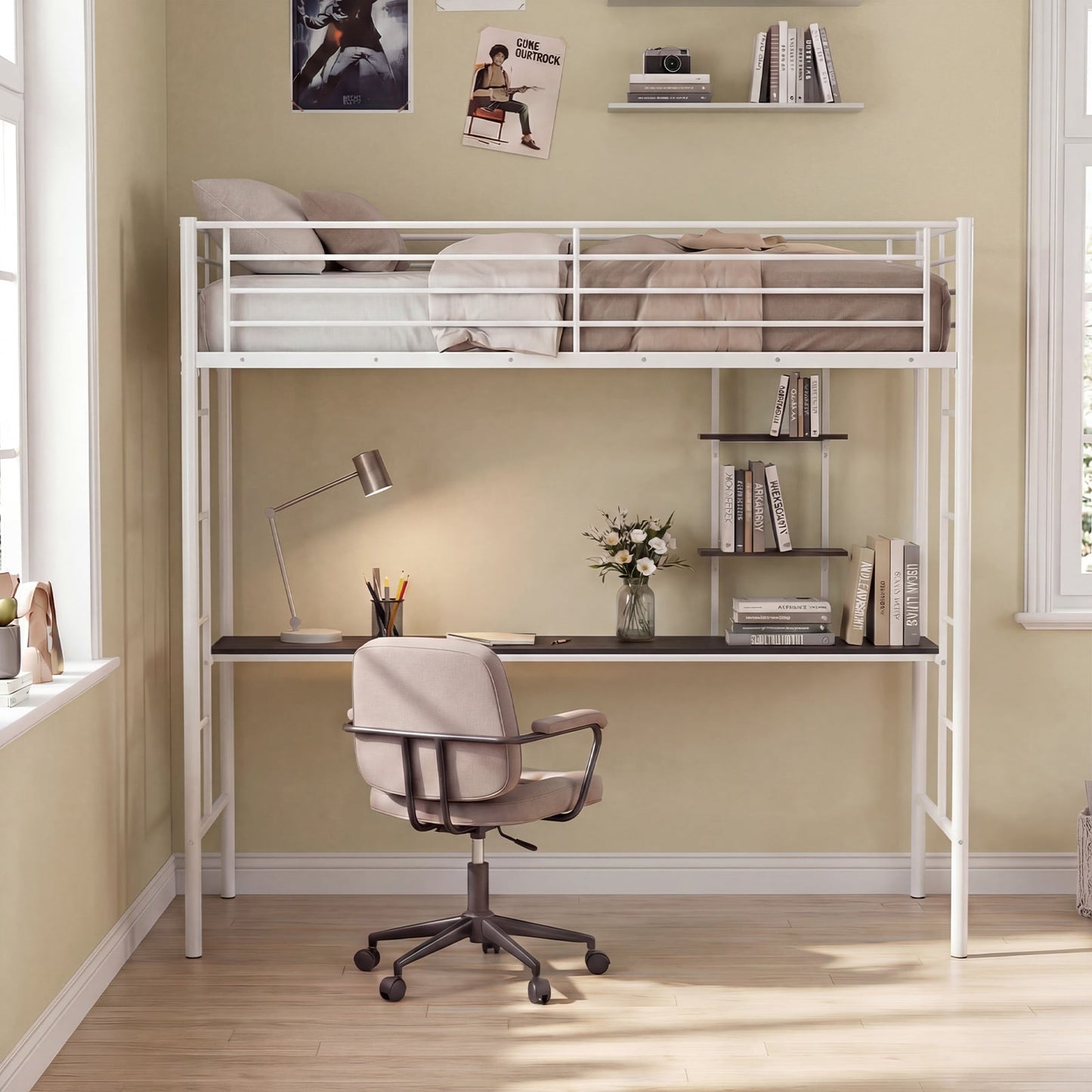 Loft Bed with Desk and Shelves Metal Loft Bed Frame-White