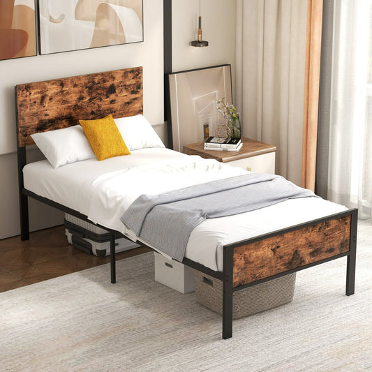 Metal Platform Bed with Headboard and Footboard-Brown-Single Size