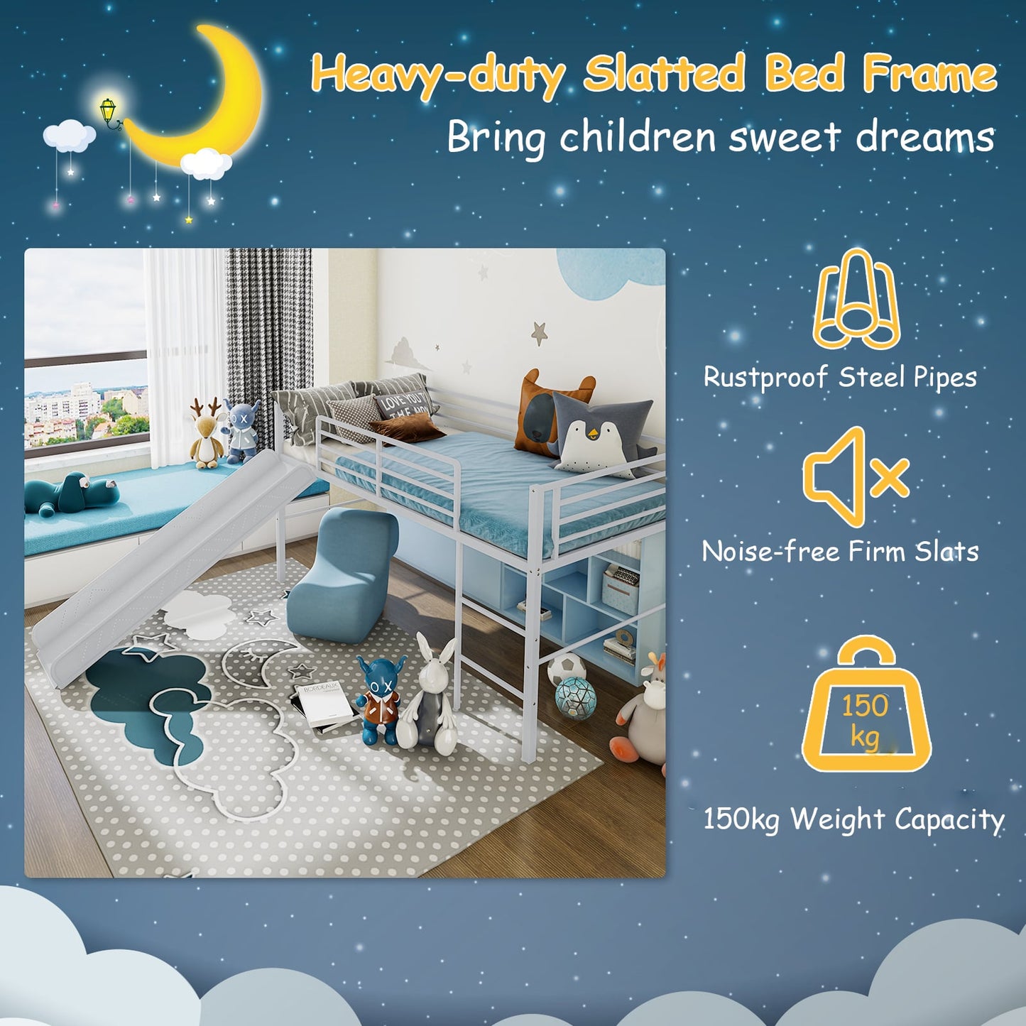 Sliding Loft Children Single Bed with Stairs and Safety Guardrails-Silver