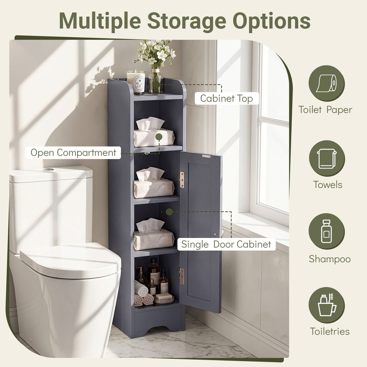 Small Bathroom Storage Cabinet with Door and Adjustable Shelves-Grey