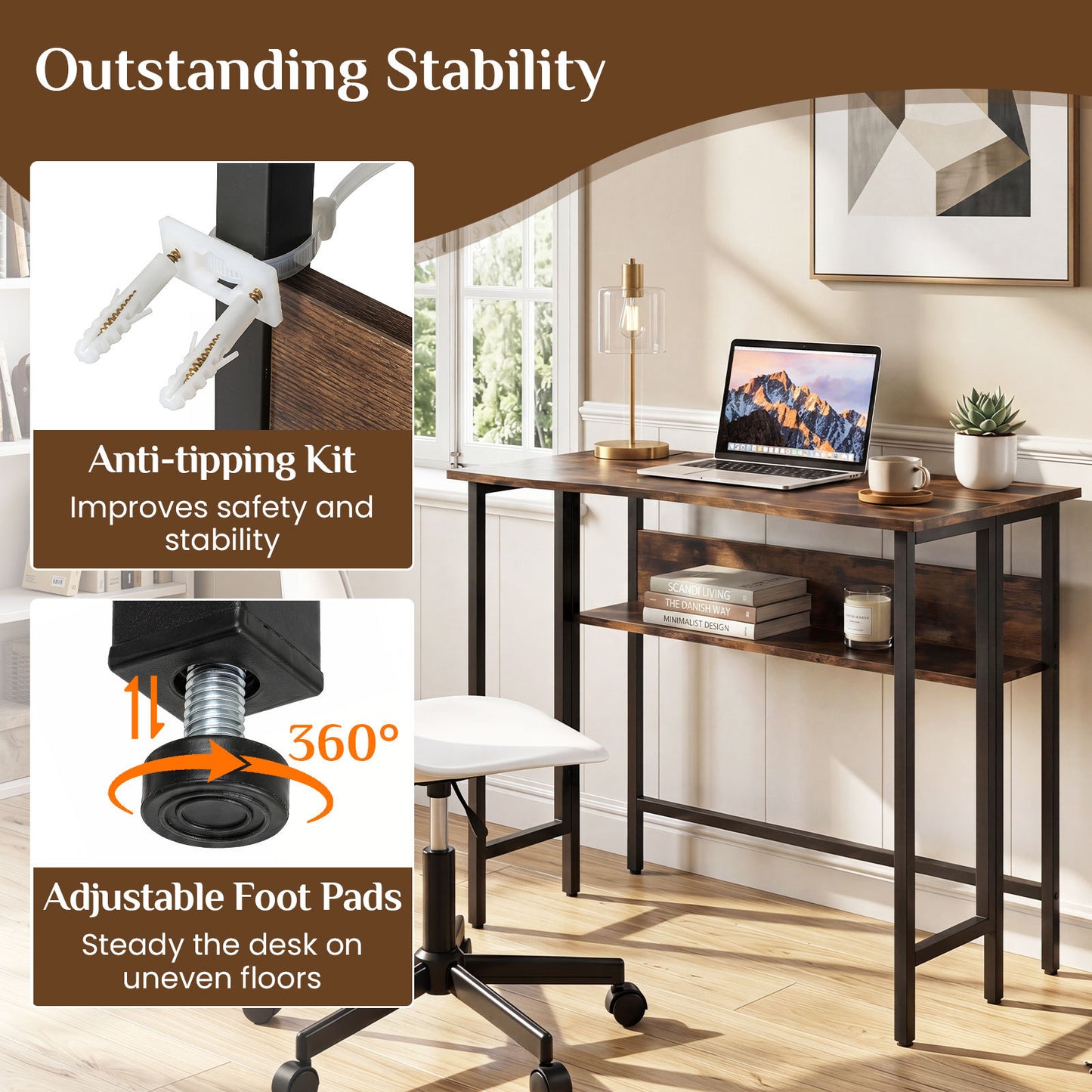 Small Folding Desk 80 CM with Storage Shelf & Drop Leaf for Home Office-Rustic Brown