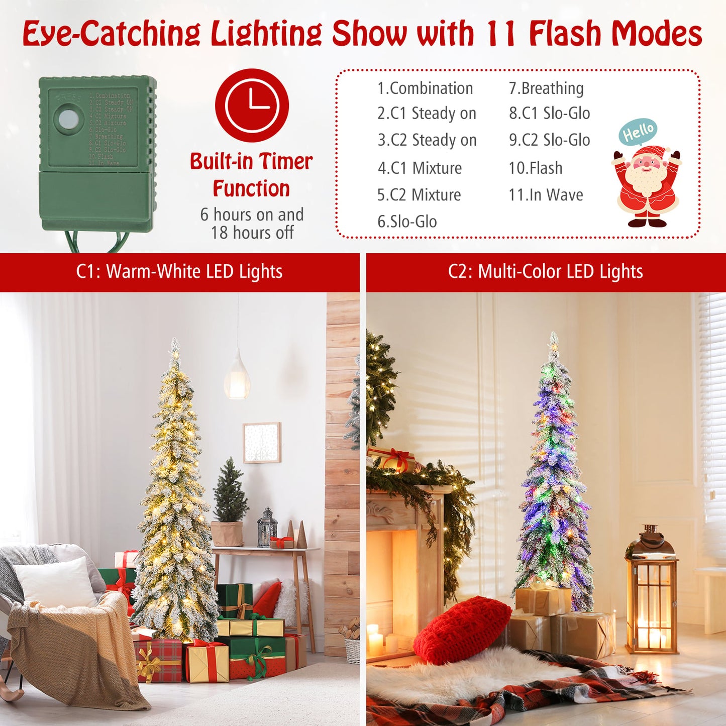 Snow-Flocked Slim Pencil Christmas Tree with 11 Lighting Modes-5FT