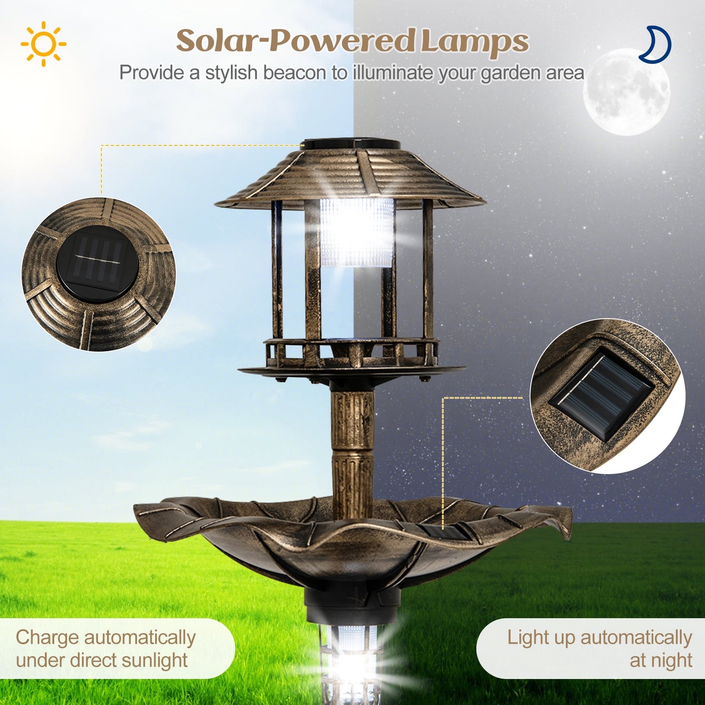 Antique Lighted Birdbath and Feeder Combo with 2 Solar-powered Lamps-Antique