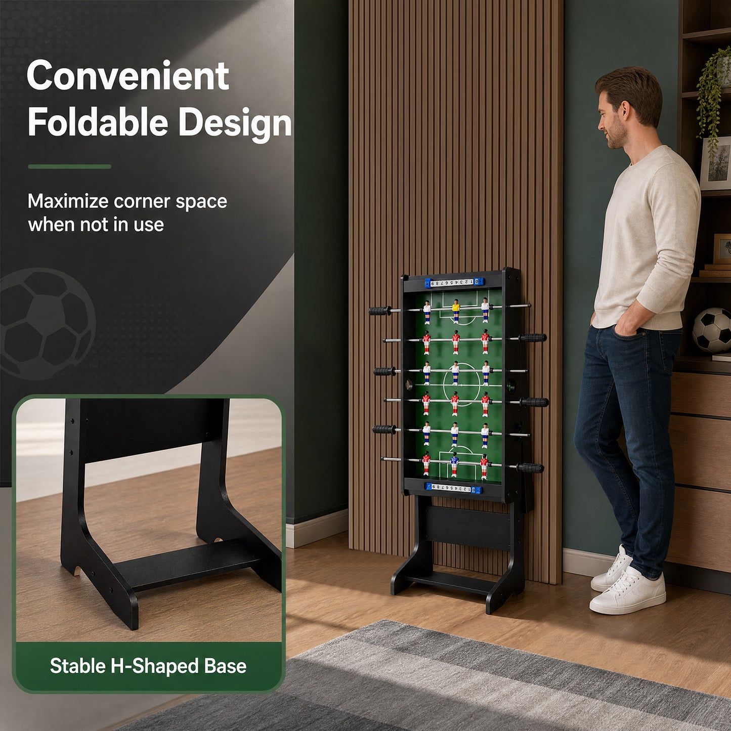 Space Saving Table Football with Durable Handle and 2 Footballs for Adult and Child-Black