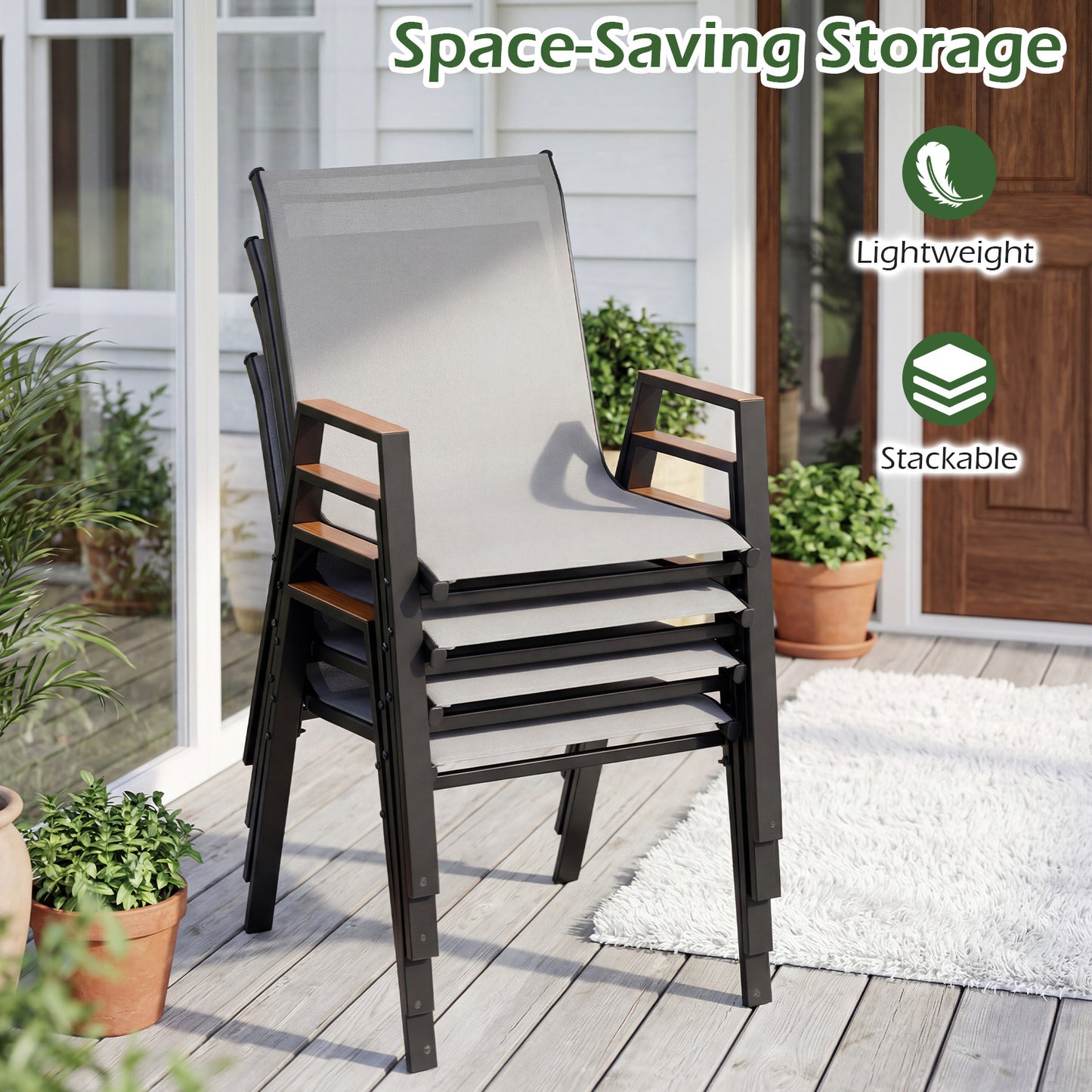 Stackable Patio Chairs Set of 2 Outdoor Breathable Fabric Dining Chairs with High Backs-Grey
