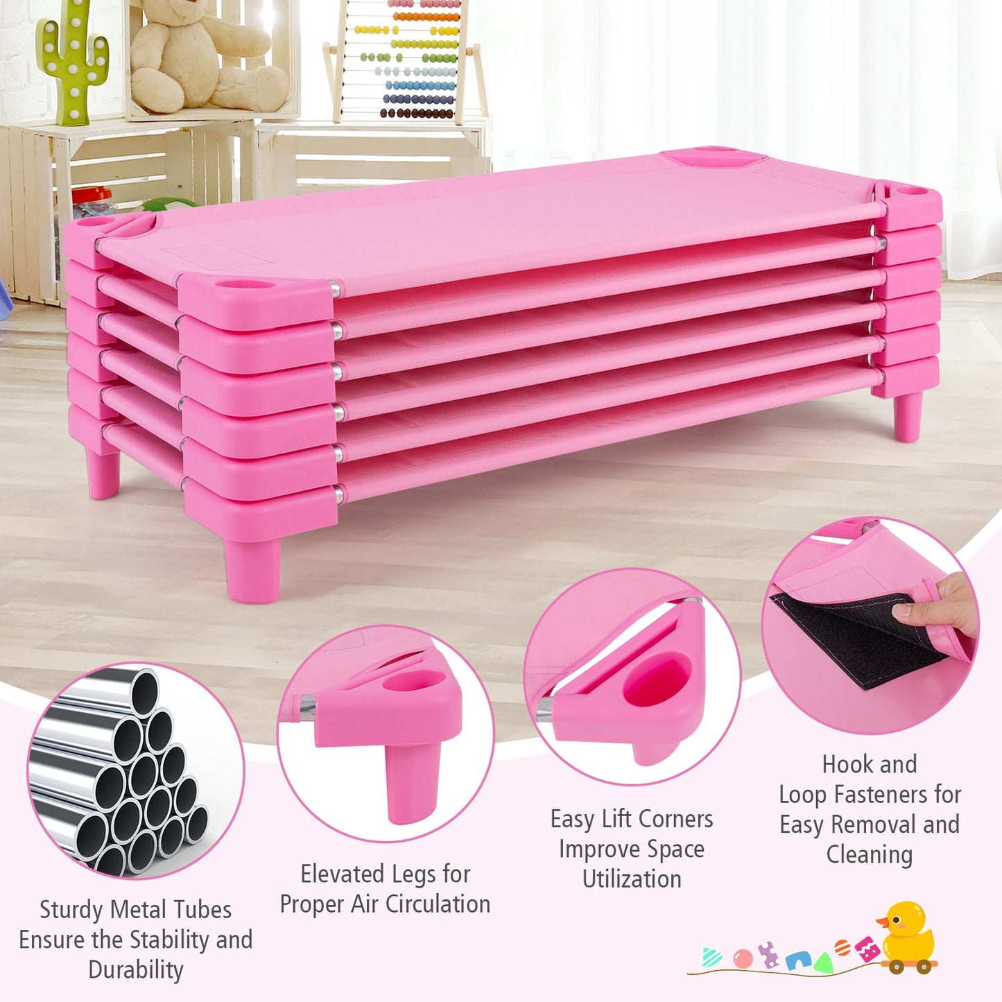 Stackable Kids Nap Cot with Easy Lift Corner for Preschool Boys Girls-Pink