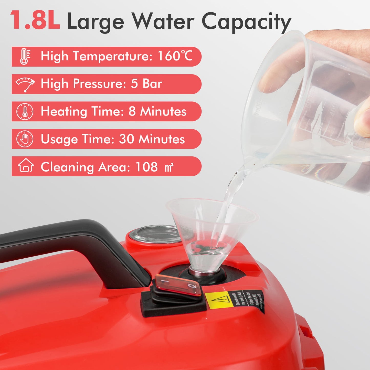 Steam Cleaner 2000W High Pressure Steamer Cleaning Machine with 15-Piece Accessories-Red