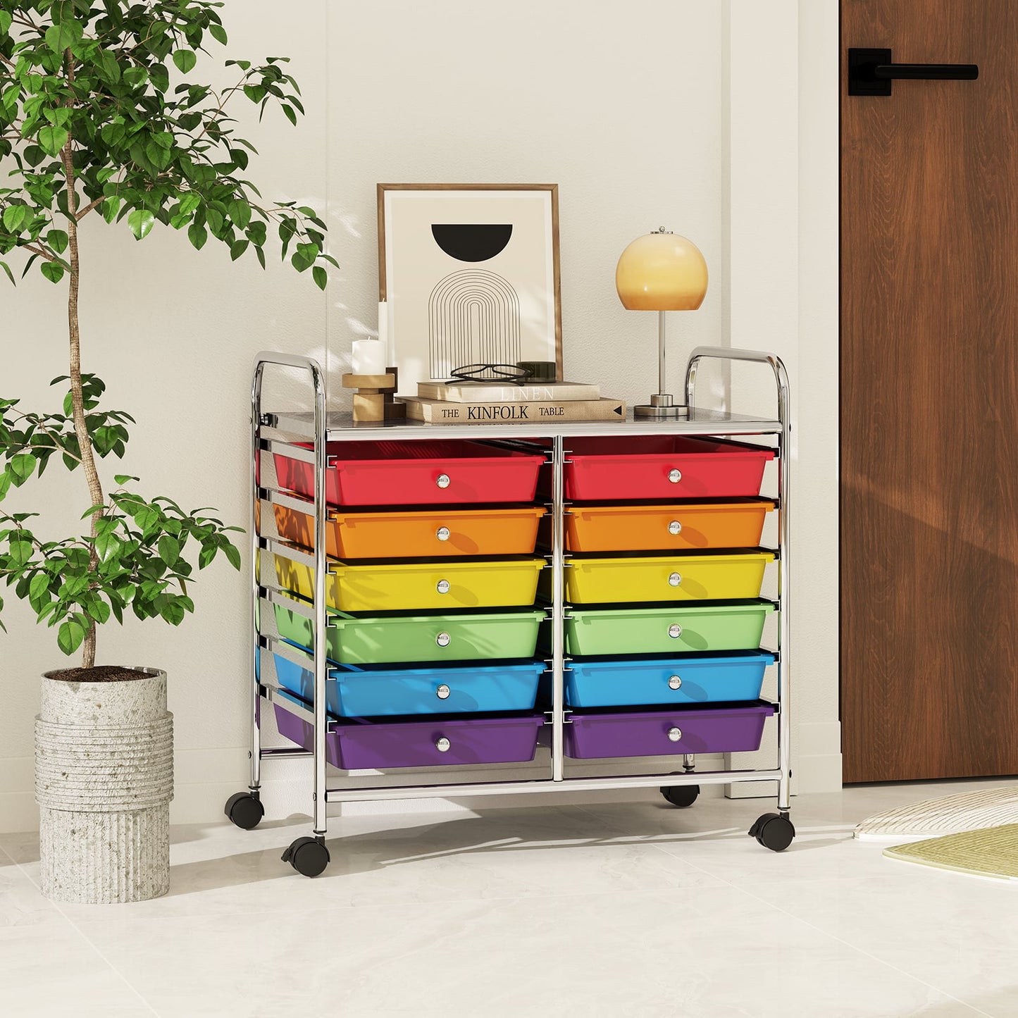 Storage Rolling Cart with Drawer and Large Countertop Side Handles-Multicolor