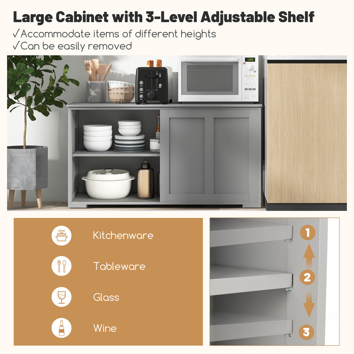 Storage Sideboard with Sliding Door and Double Partition-Grey
