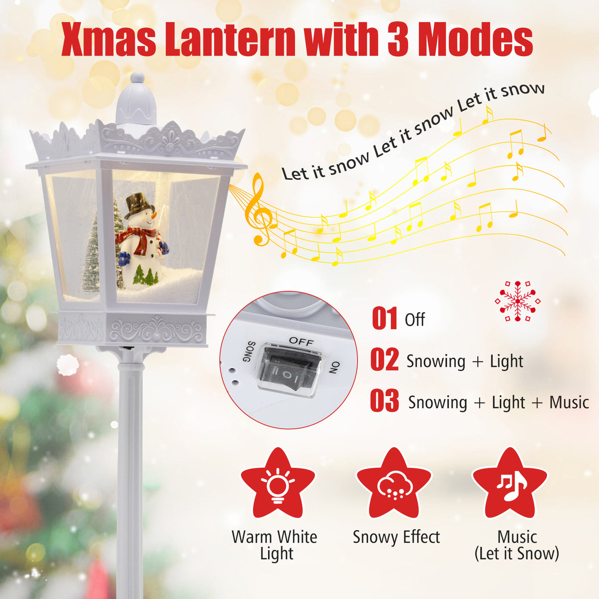 8 ft Christmas Streetlight with Warm White LED Lights and Snowy Effects-White