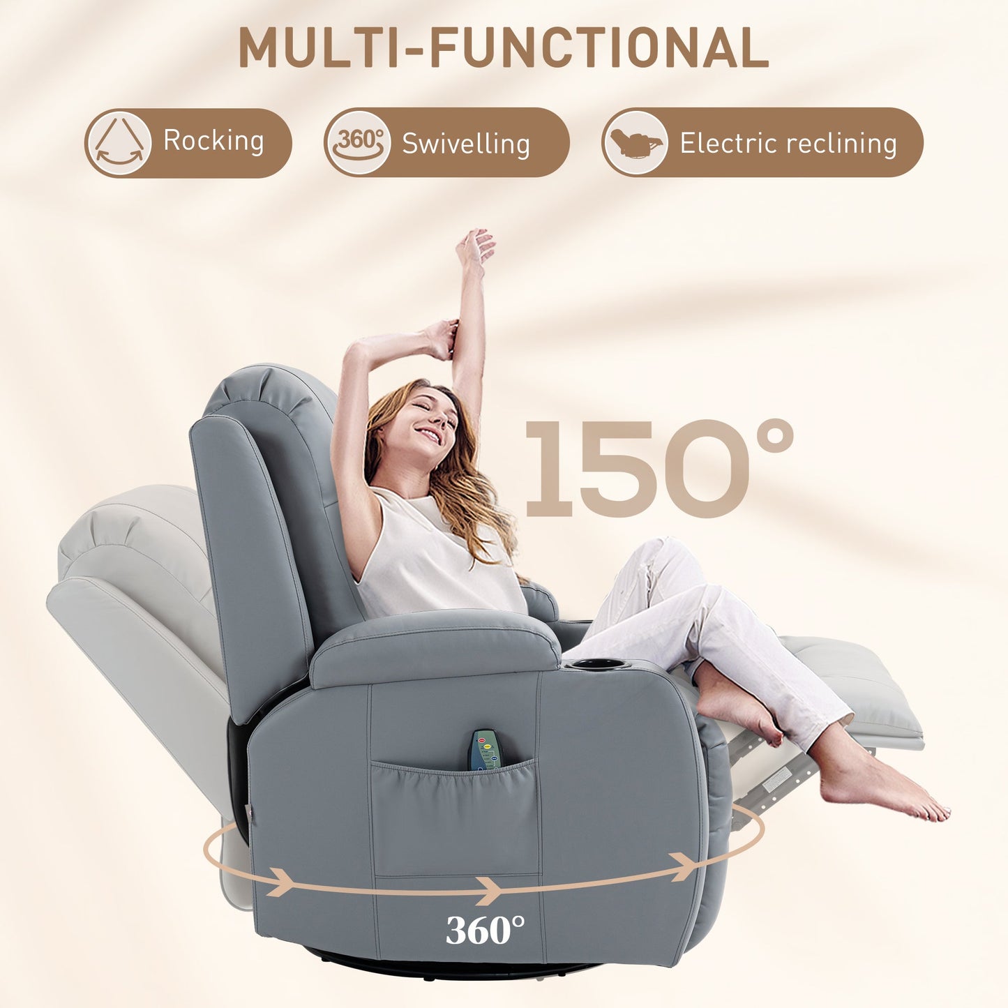 HOMCOM Massage Recliner Chair with 8 Vibration & Heat, PU Leather Recliner Armchair with Cup Holders and Side Pockets, Manual Reclining Chair with Remote, 360 Swivel, Rocking, Light Grey