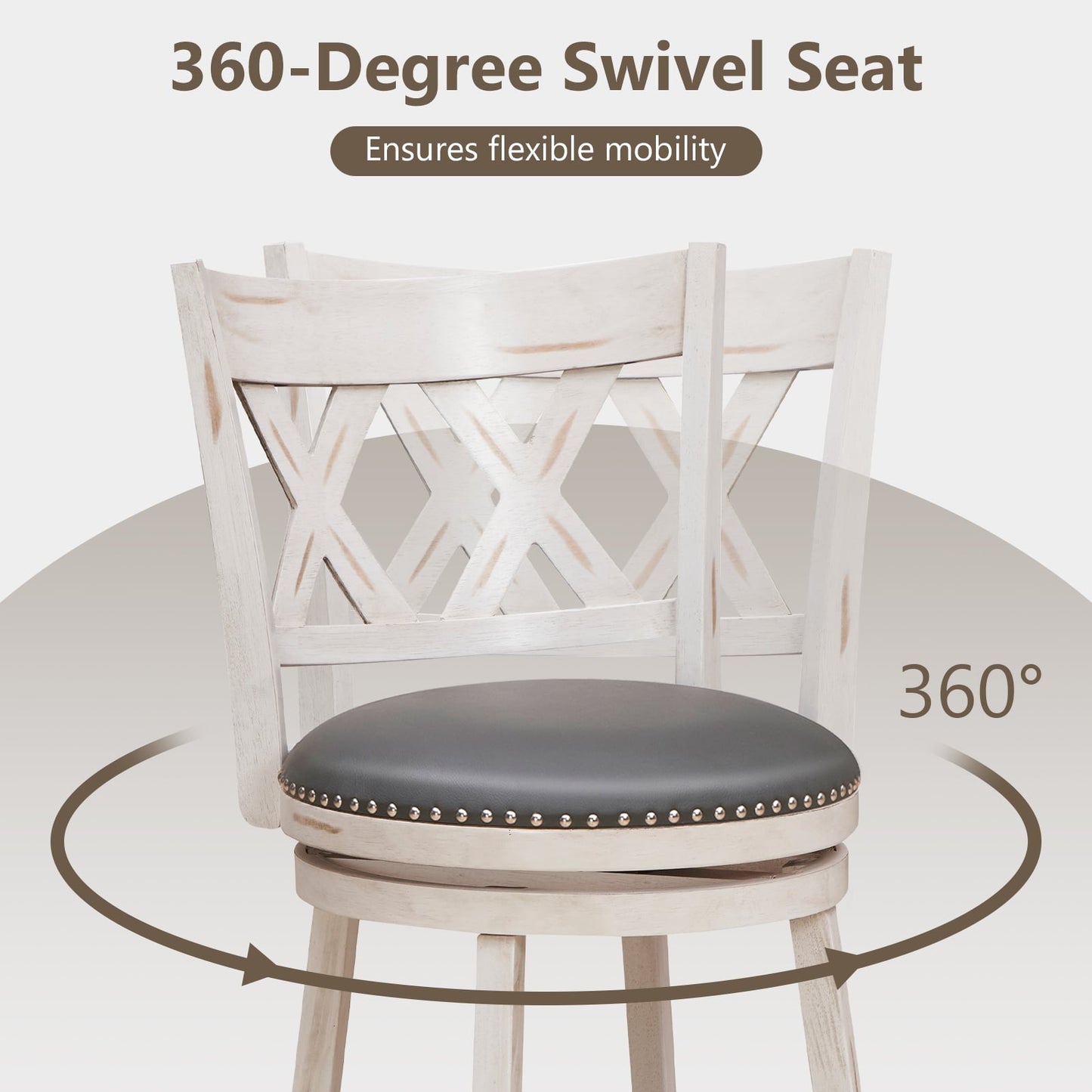 Swivel 64cm Hand-Antiqued Stool Set of 2 with Wider Padded Seat-White-64 cm