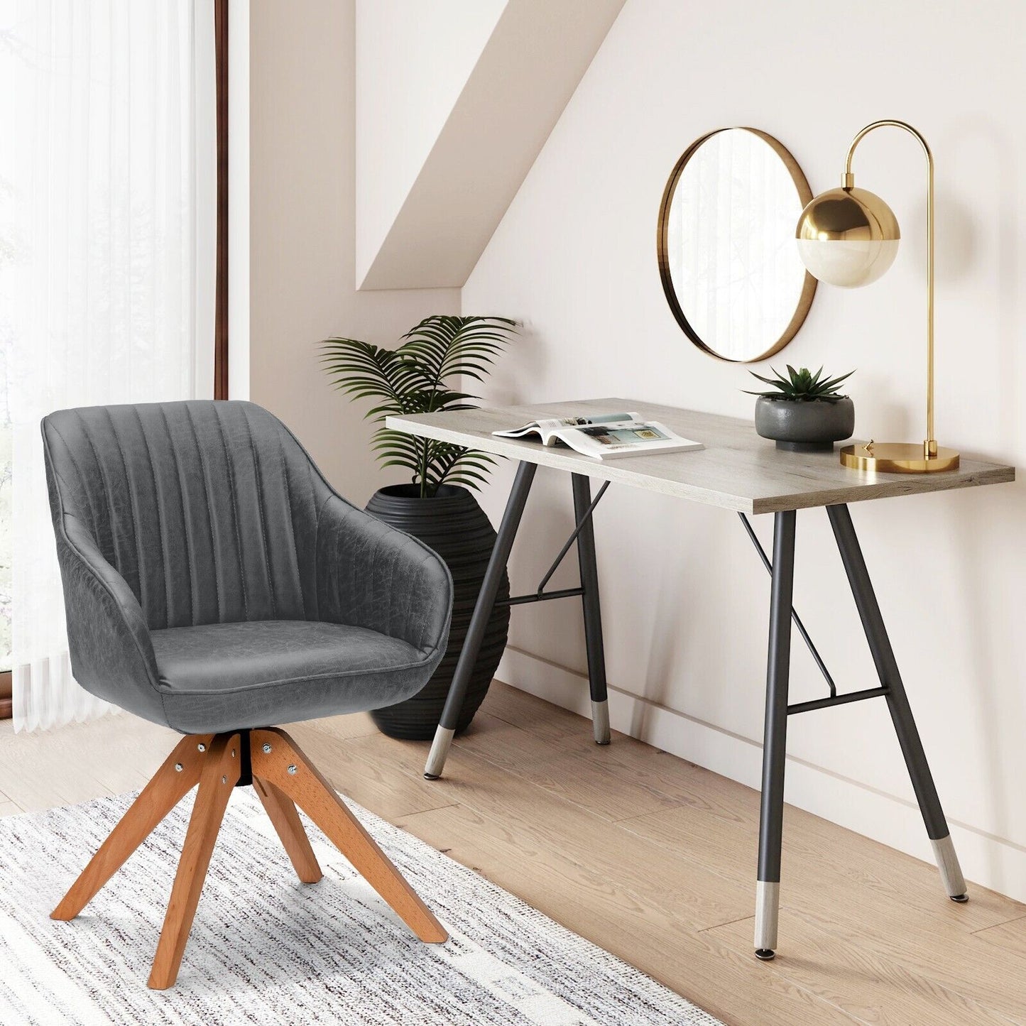 Set of 2 360° Swivel Accent Chair with Solid Wood Legs-Grey