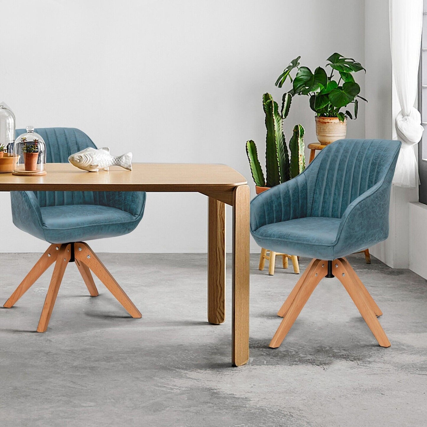 Set of 2 360° Swivel Accent Chair with Solid Wood Legs-Blue
