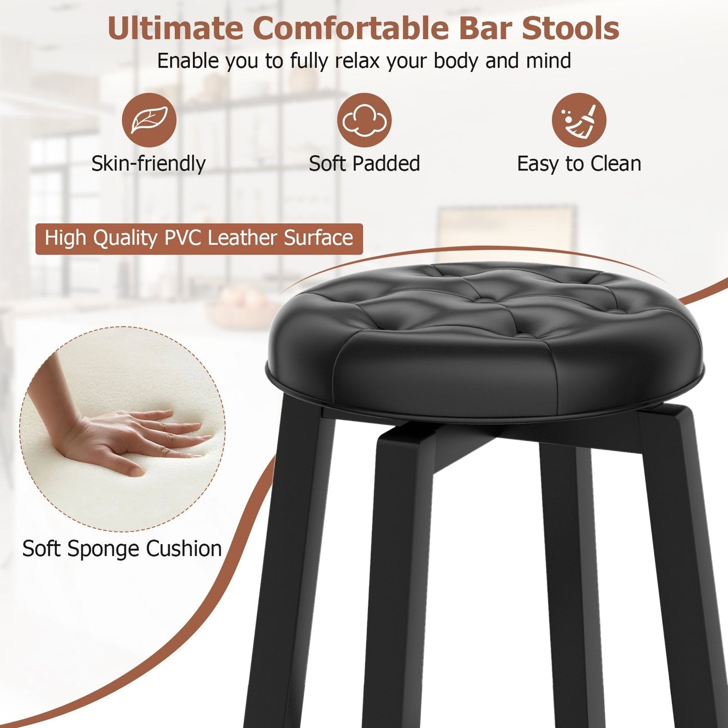 Swivel Bar Stool Set of 2 with Footrest Retro-Black-76 cm