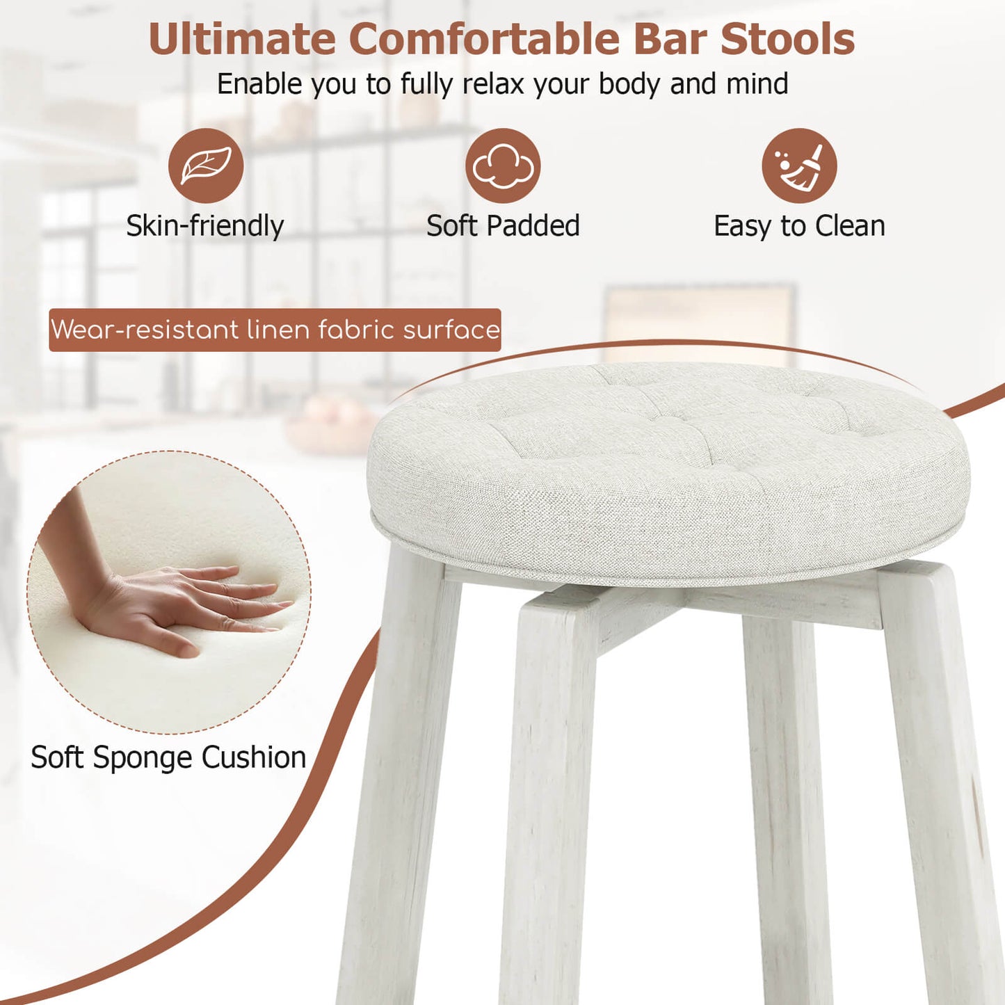 Swivel Bar Stool Set of 2 with Footrest Retro-White-76 cm