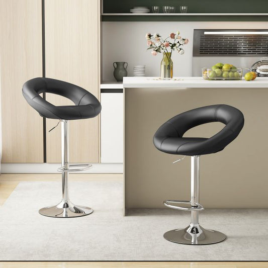 Swivel Height Adjustable Bar Stool Set of 2 with Hollow Back and Footrest-Black