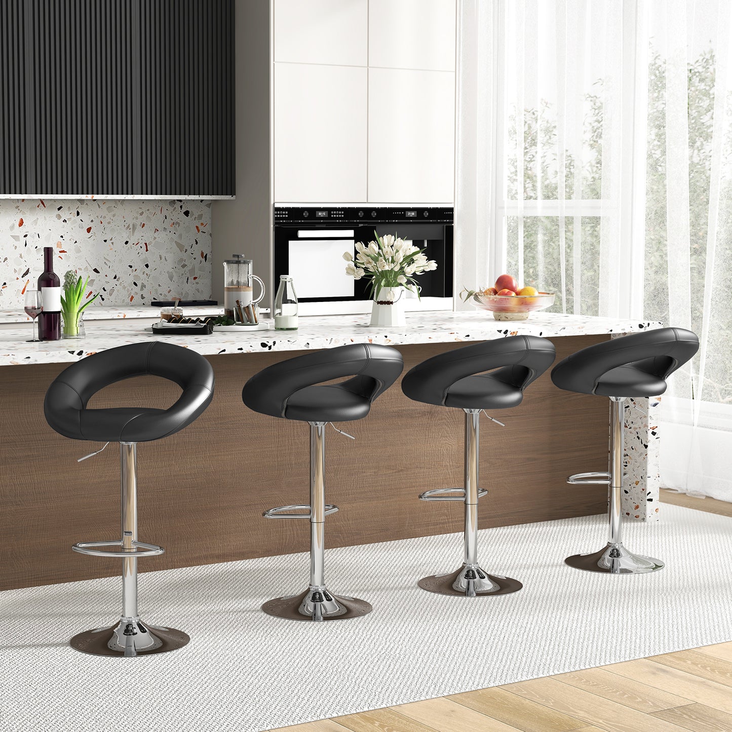 Swivel Height Adjustable Bar Stool Set of 2 with Hollow Back and Footrest-Black