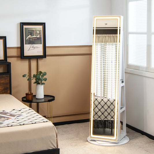 360° Swivel Jewelry Cabinet with LED Lights, Foldable Shelf-White