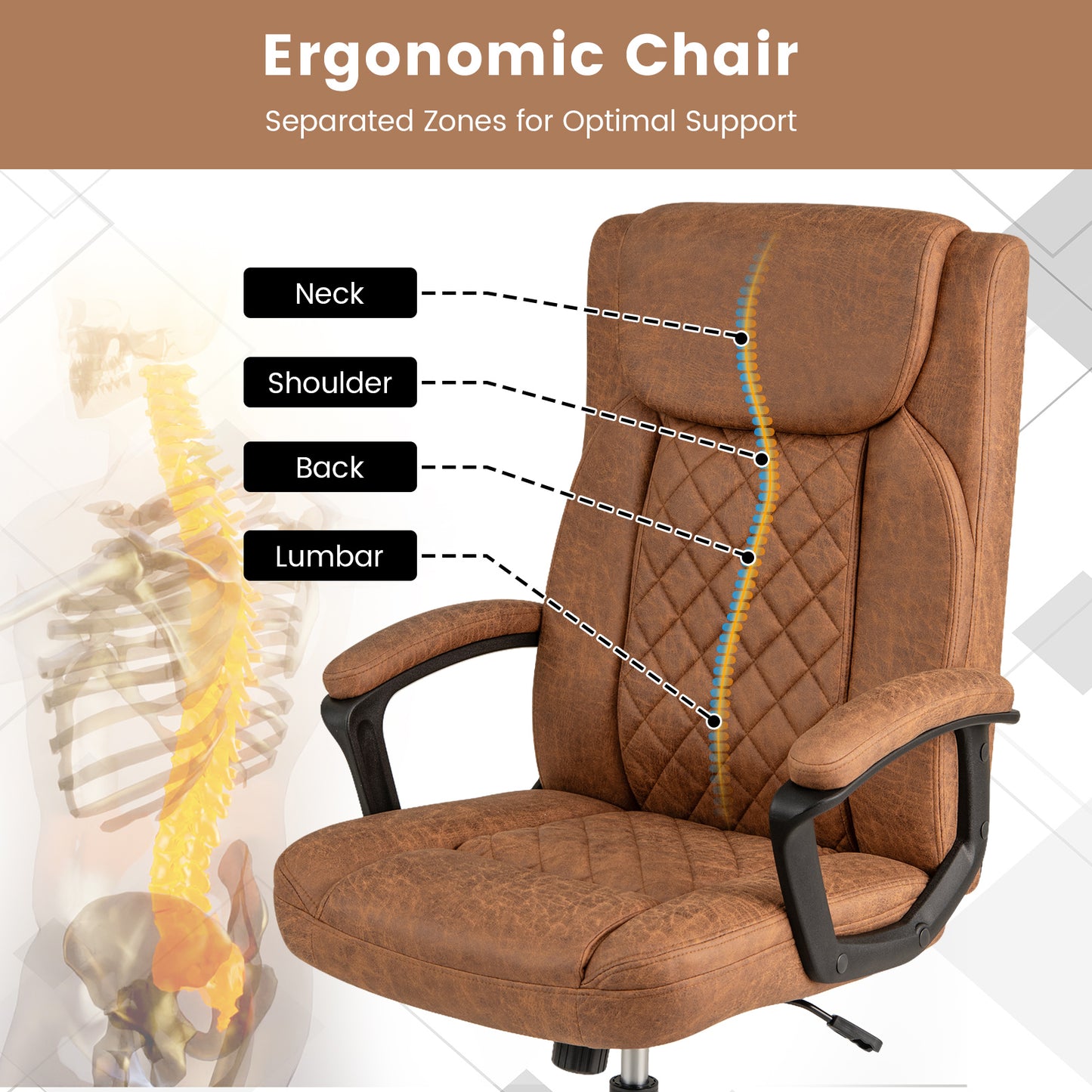 Swivel Office Chair with Padded Armrests and Rolling Metal Base-Brown