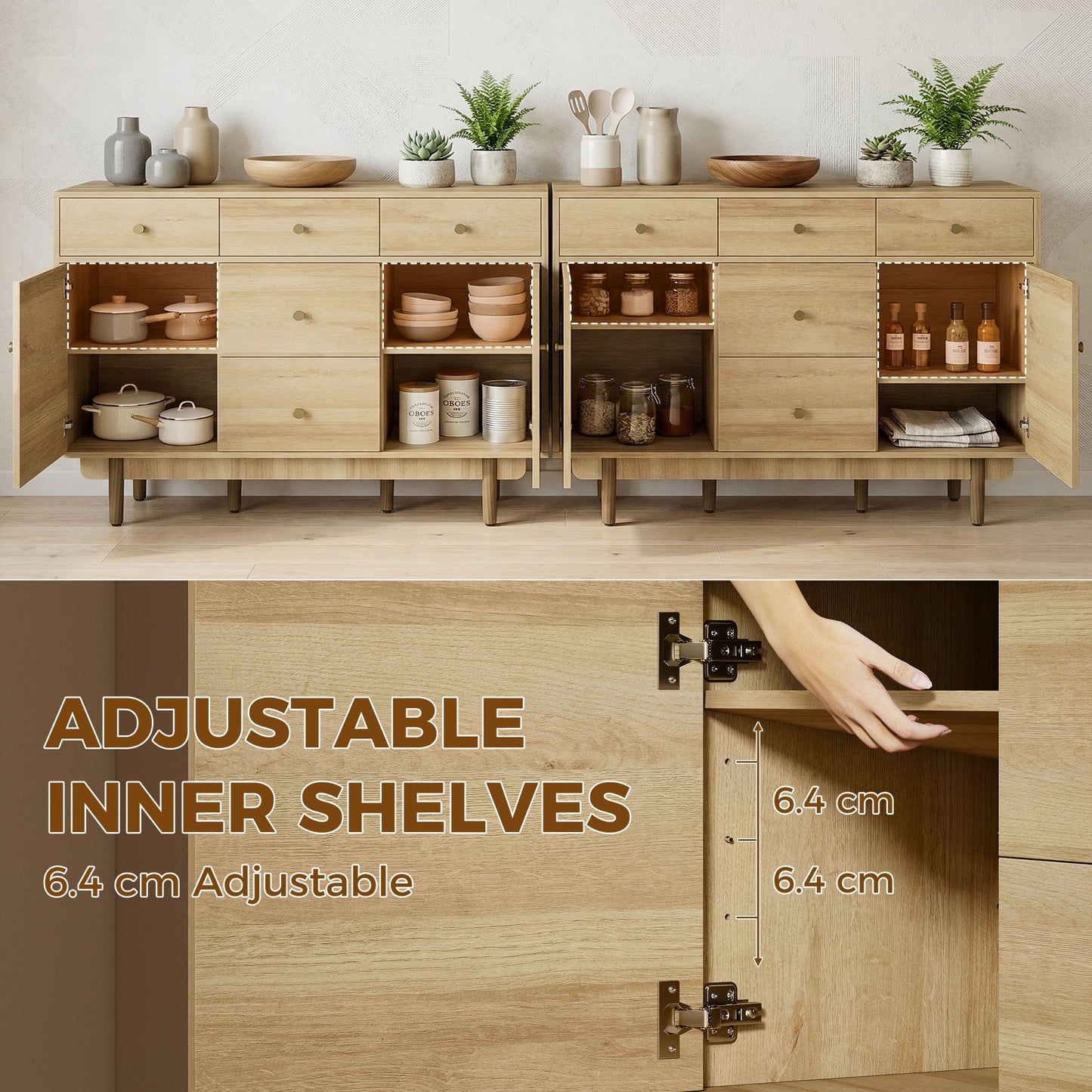 HOMCOM Sideboard with 5 Drawers and 2 Cabinets Buffet Cabinet with Solid Wood Legs 136 cm Walnut