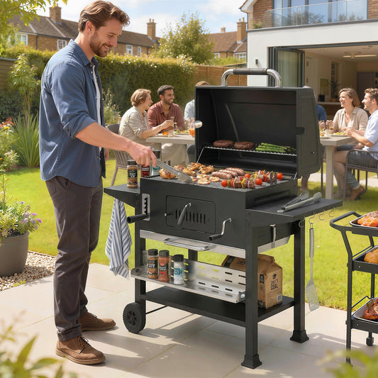 Outsunny Charcoal BBQ Grill Smoker with Electric Rotisserie Kit, Portable Barbecue Grill with Warming Rack, Black
