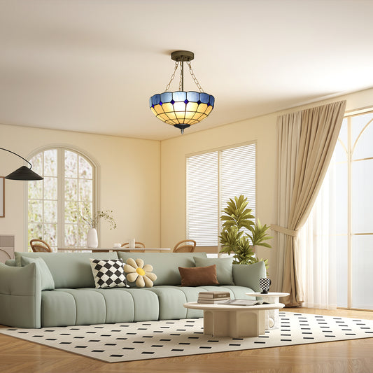HOMCOM Tiffany Style Ceiling Light, Vintage Chandelier with 3 E27 Sockets, Semi Flush Mount for Living Room, Bulbs Not Included