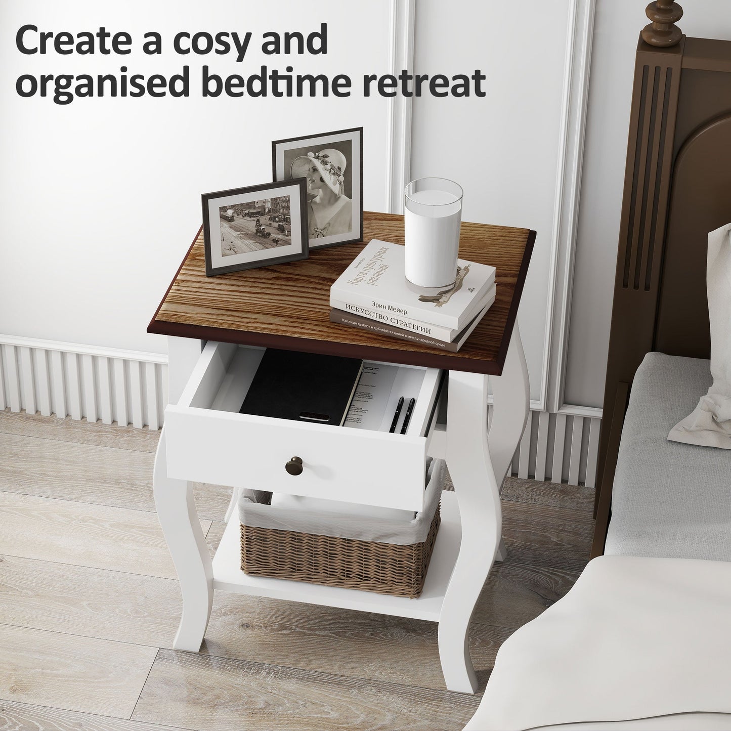 HOMCOM 2pcs Bedside Tables with Drawer, French Style Bedside Cabinets with Open Shelf for Bedroom, Living Room, White