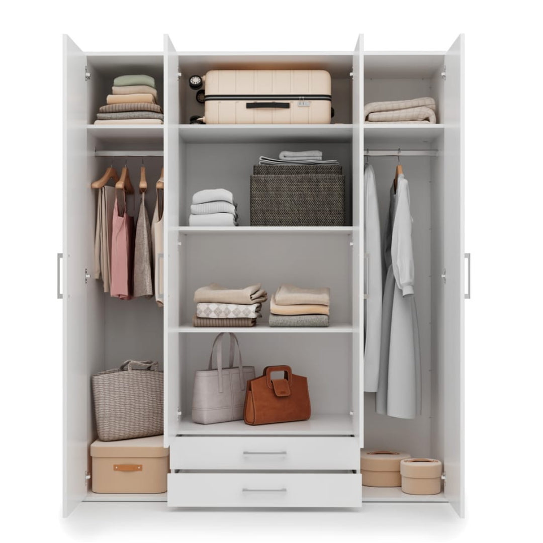 White wardrobe with clothes, bags, and boxes on a white background
