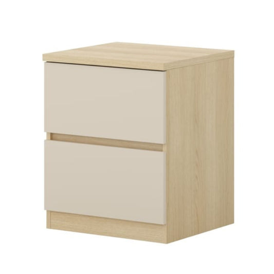 Wooden nightstand with two drawers on a white background