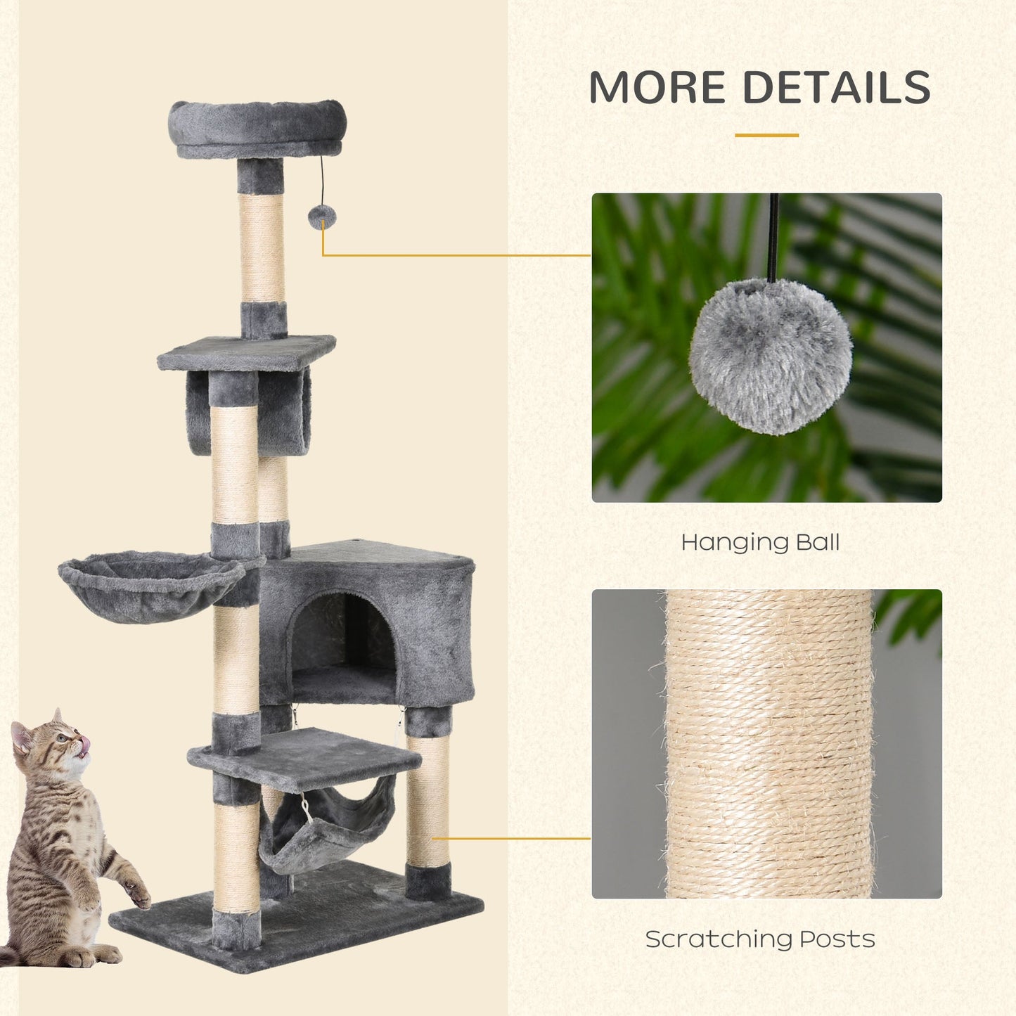 PawHut Cat Tree for Indoor Cats Condo Tower Multi-level Height 150CM Kittens Activity Stand House with Toys & Various Scratching Posts