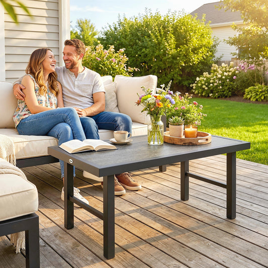 Outsunny Metal Garden Coffee Table, Outdoor Side Table with SPC Woodgrain Tabletop for Outside, 100 x 52 x 46cm, Dark Grey