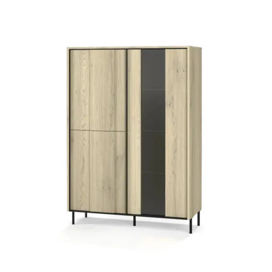 Wooden cabinet with black accent on a white background
