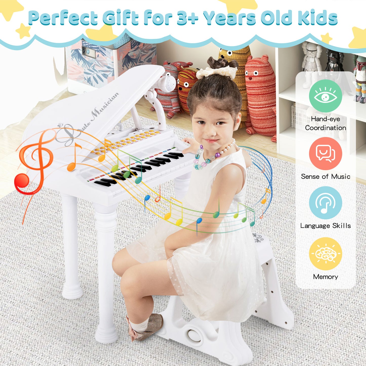31 Keys Kids Portable Multifunctional Toy Piano with Microphone-White