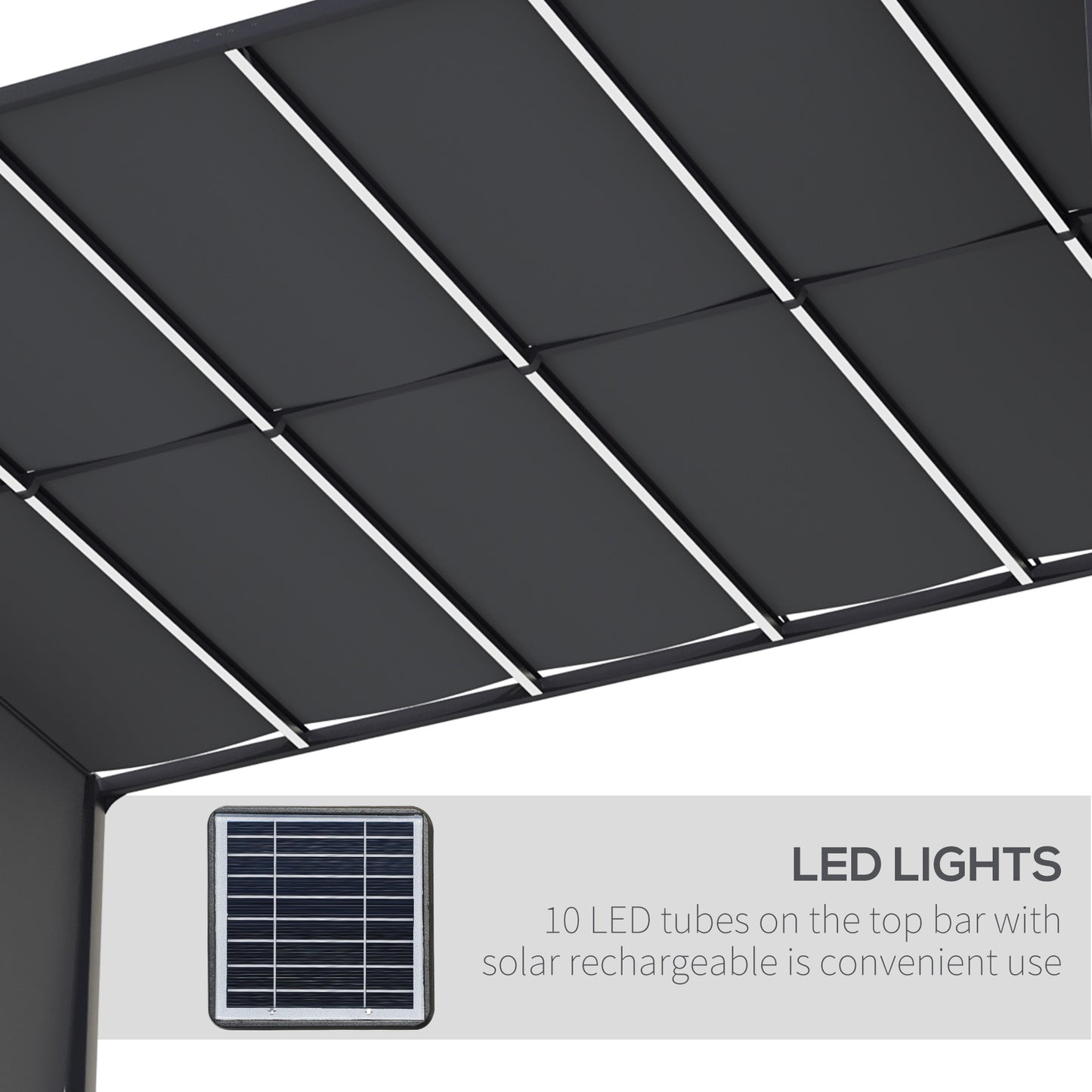Outsunny 3(m) x 4m Metal Pergola with LED Lights, Outdoor Garden Pergola with Sliding Roof, Solar Powered, for BBQ, Lawn, Dark Grey