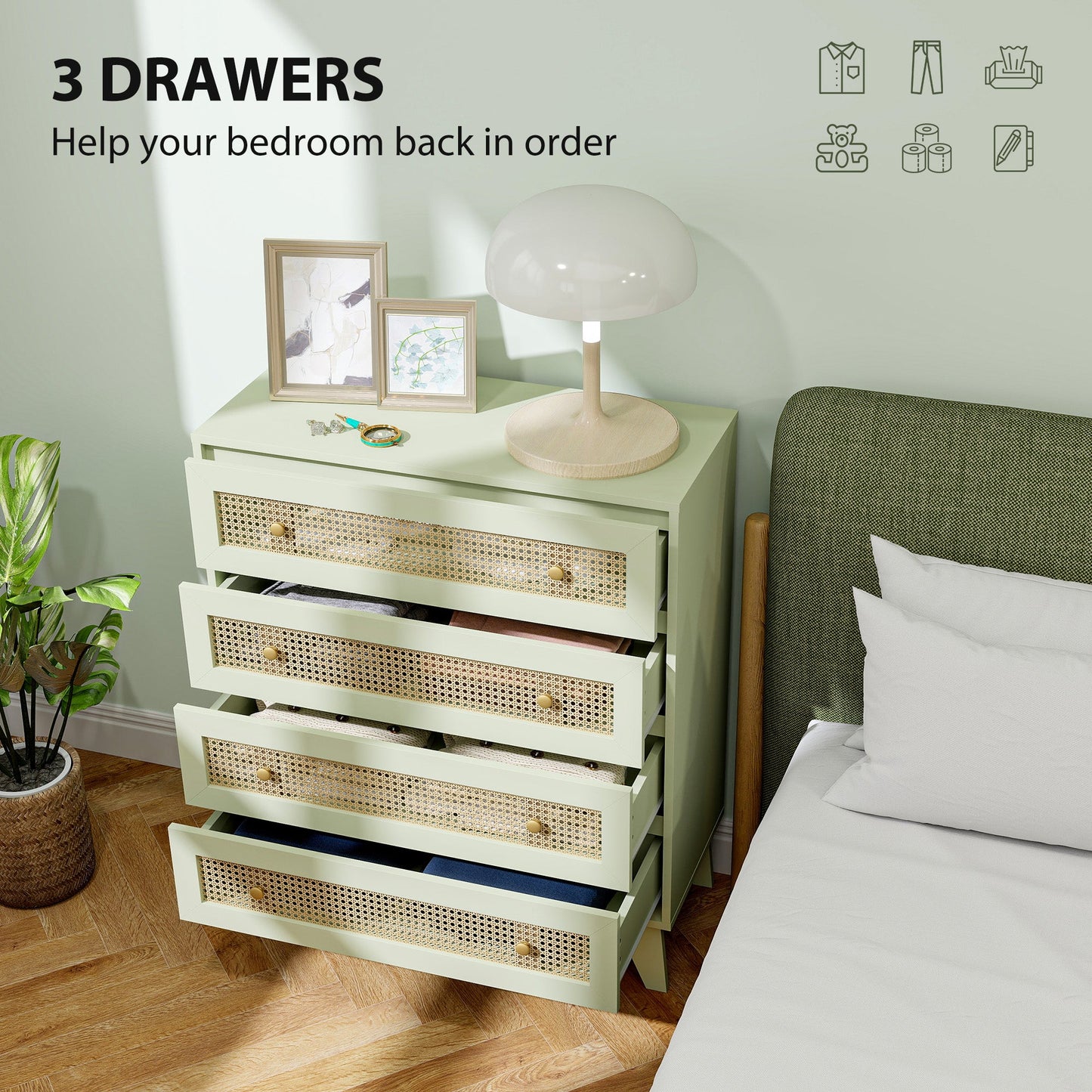 HOMCOM Chest of Drawers, 4-Drawer Storage Organiser Unit with Rattan Element for Bedroom, Living Room, Light Green