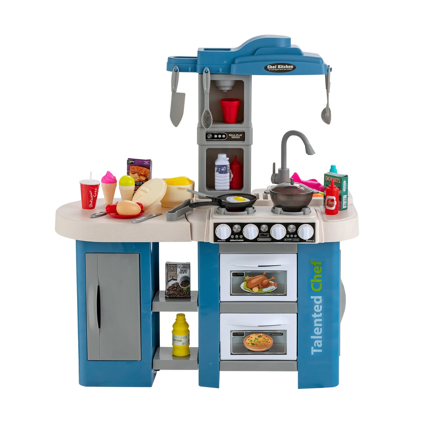 Kids Kitchen Playset with 67 Pieces Accessories and Realistic Lights-Blue