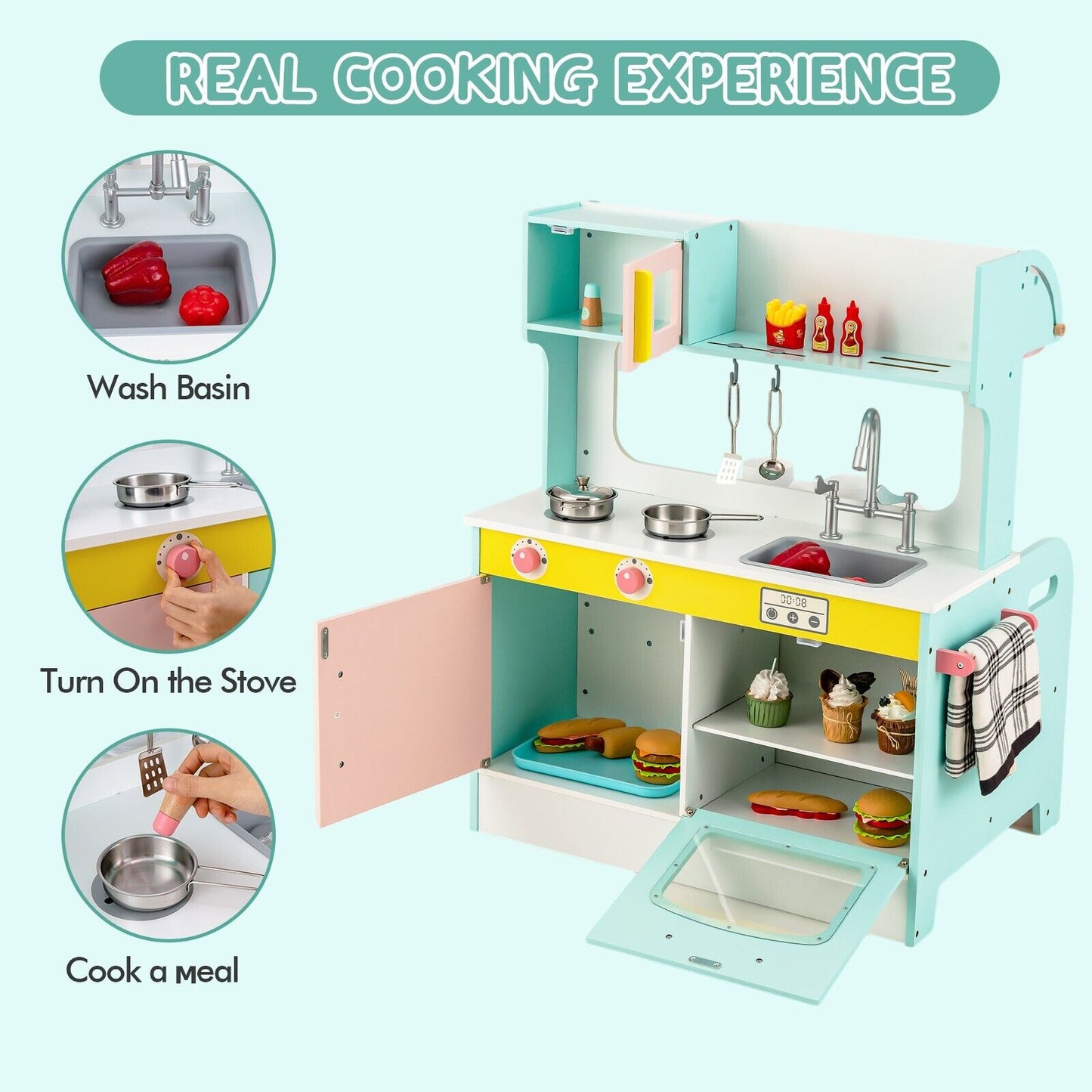 Double Sided Kids Kitchen Playset with Microwave Sink Oven-Blue