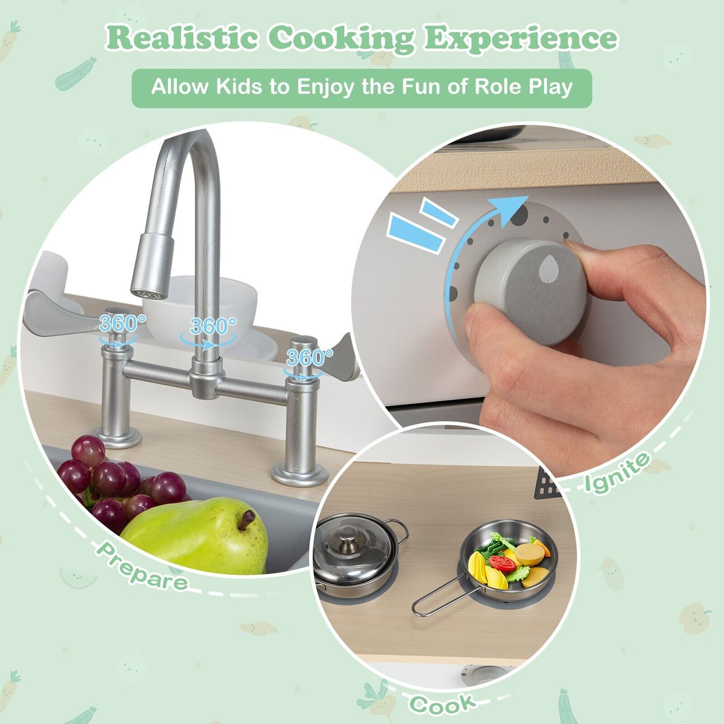 Double Sided Kids Kitchen Playset with Microwave Sink Oven-Grey
