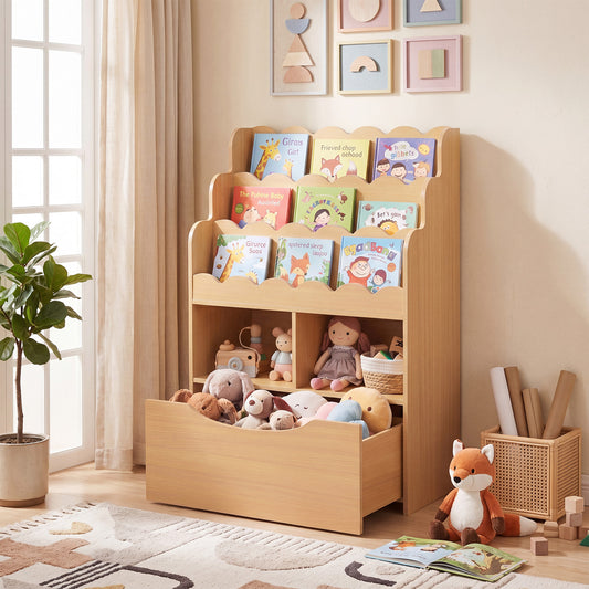 5-Tier Kids Bookshelf with Shelves & Rolling Drawer for Nursery Playroom-Natural