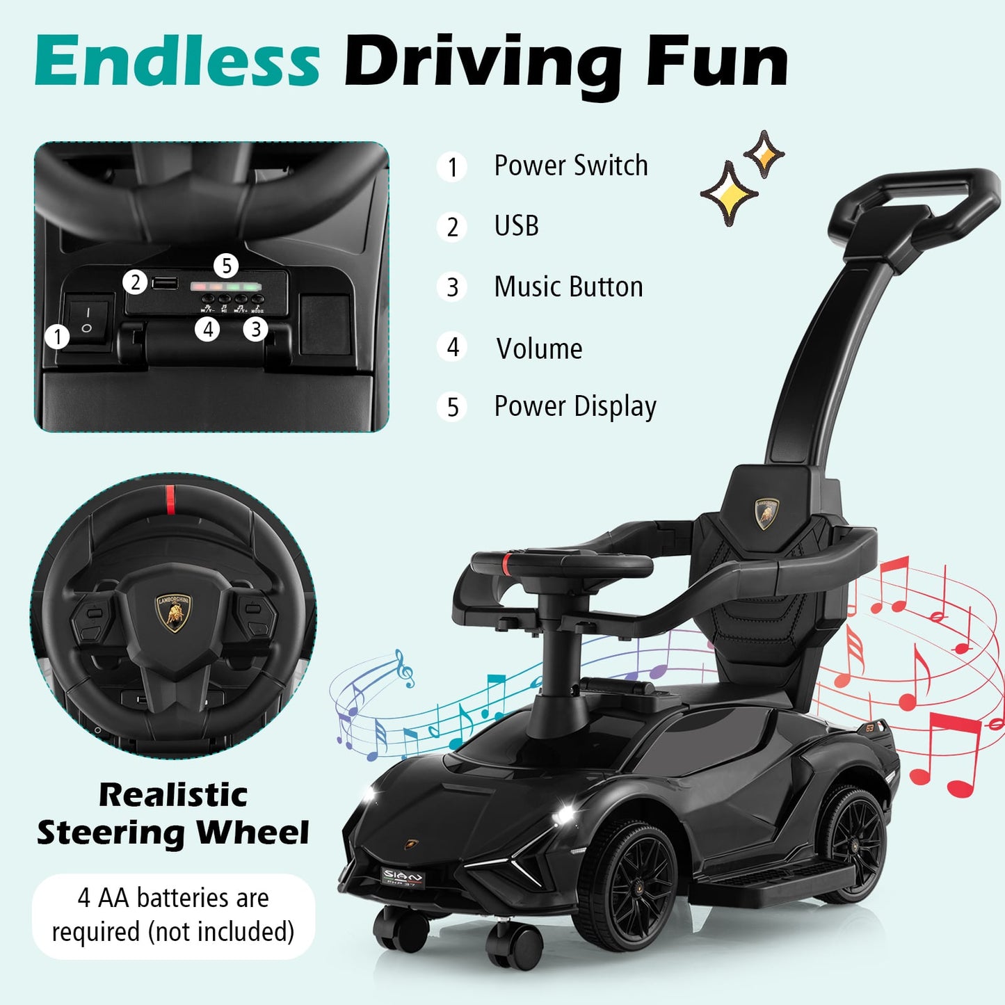 3-in-1 Ride On Push Car with Removable Guardrails and Handle-Black