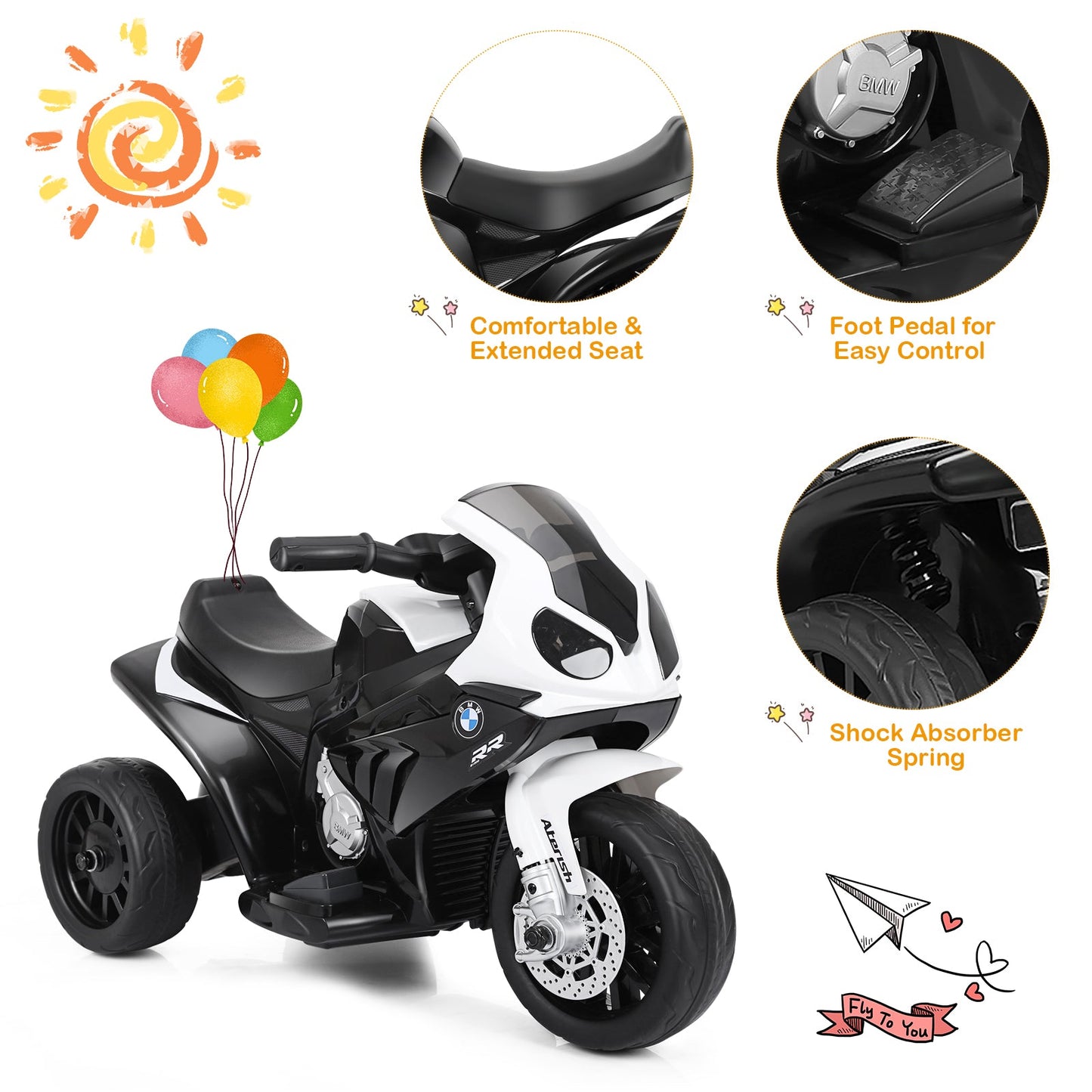 6V Kids Ride on Motorcycle with Training Wheels and Head Light-Black