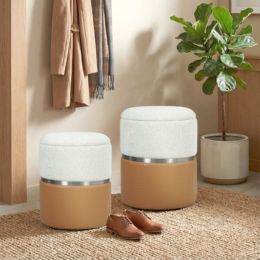 HOMCOM Nesting Round Ottoman with Storage Set of 2 - Cream/Brown