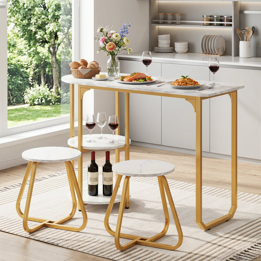 Table and 2 Bar Stools Set with Adjustable Legs for Kitchen-White