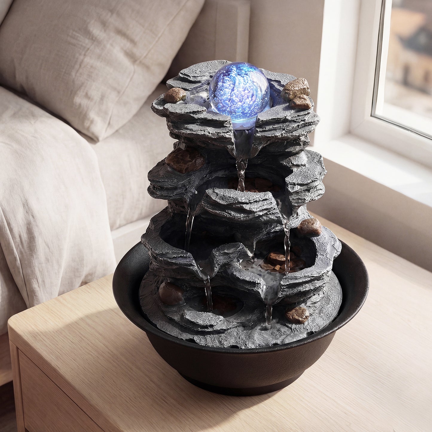 Tabletop Water Fountain with Rolling Crystal Ball Indoor Cascading Water Feature